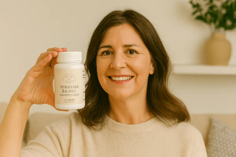 Smiling woman holding a bottle of Thyrafemme Balance